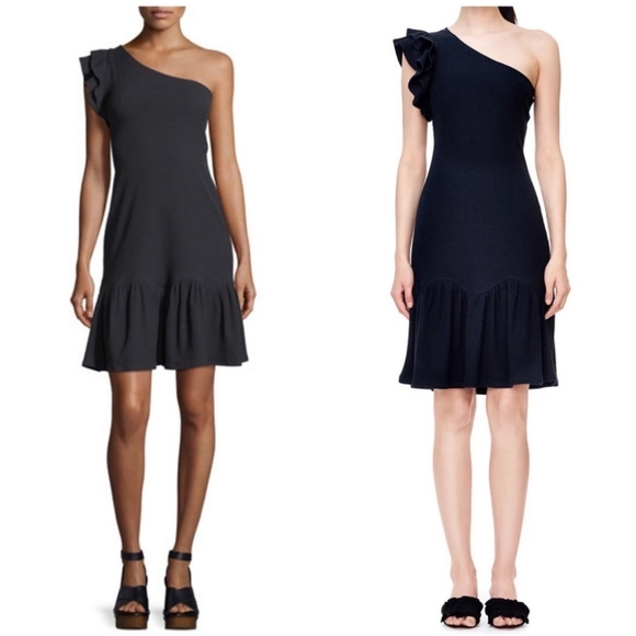 Rebecca Taylor Black One-Shoulder Ribbed Knee Lenght Flounce Dress - Picture 2 of 10